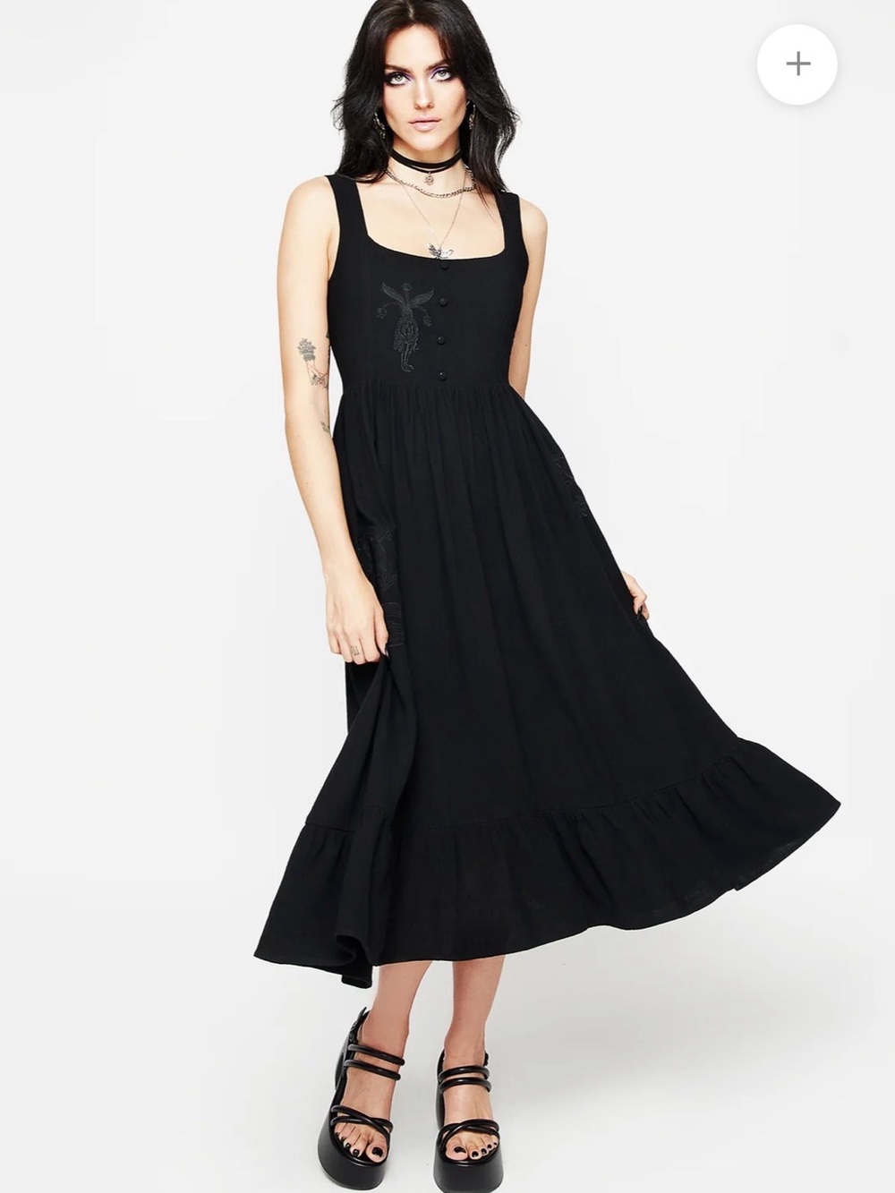 SOLD OUT Disturbia goth witchy mandrake linen blend midi embroidered dress black